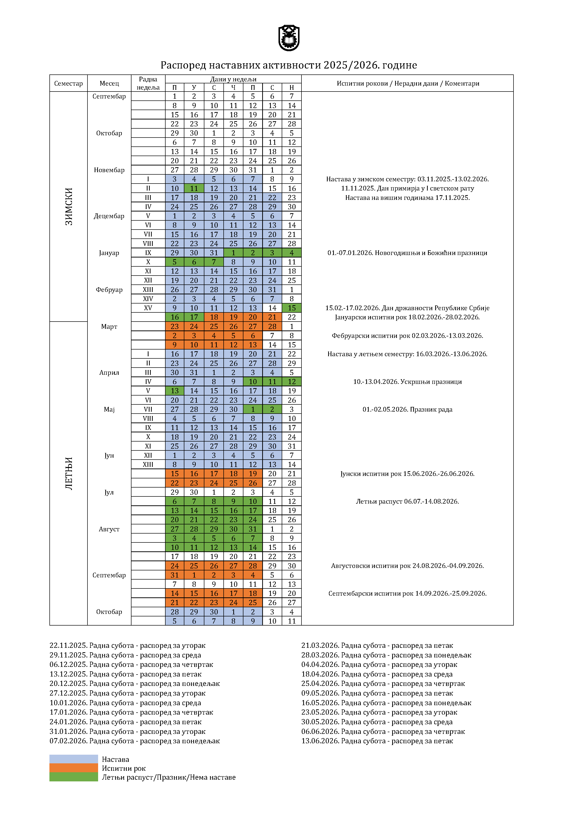 Raspored nastavnih aktivnosti 2025 2026