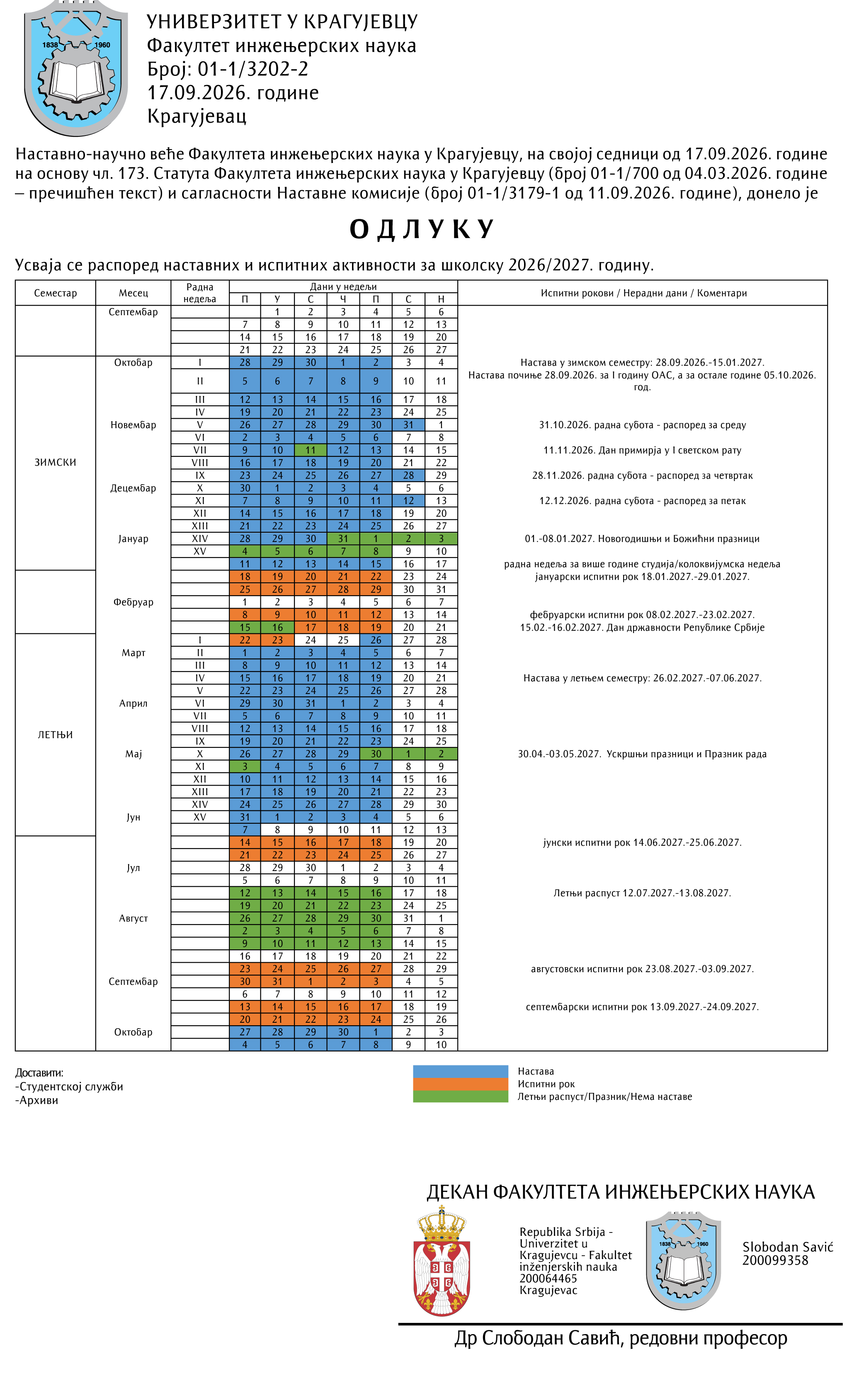 Raspored nastavnih aktivnosti u školskoj 2026/27. godini